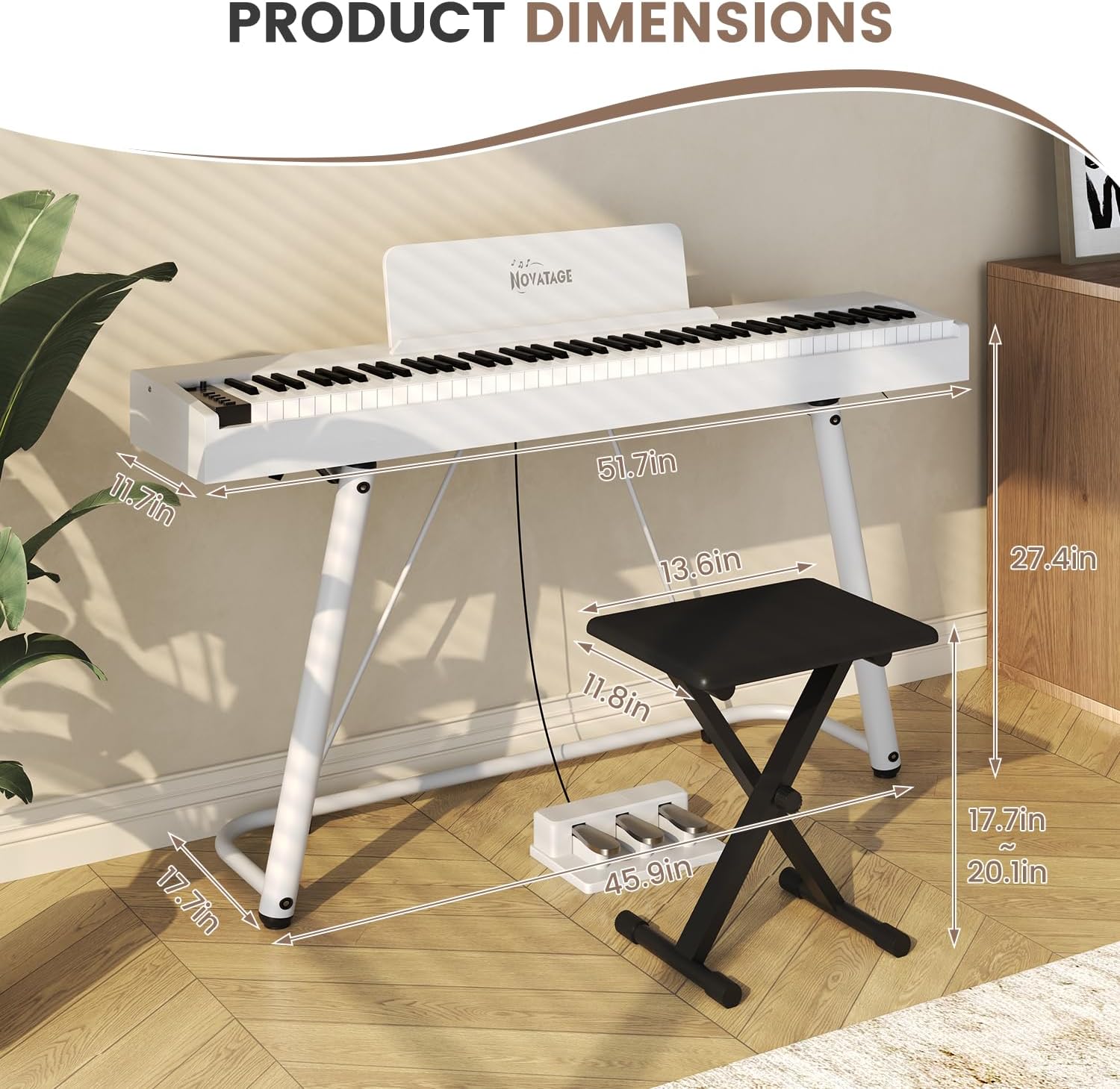 88 Key Full-Weighted Digital Piano, Full Size Electric Piano for Beginners, with U-Stand, 3 Pedal Unit, Adjustable Stool, Headphone, MIDI Functionality (White)