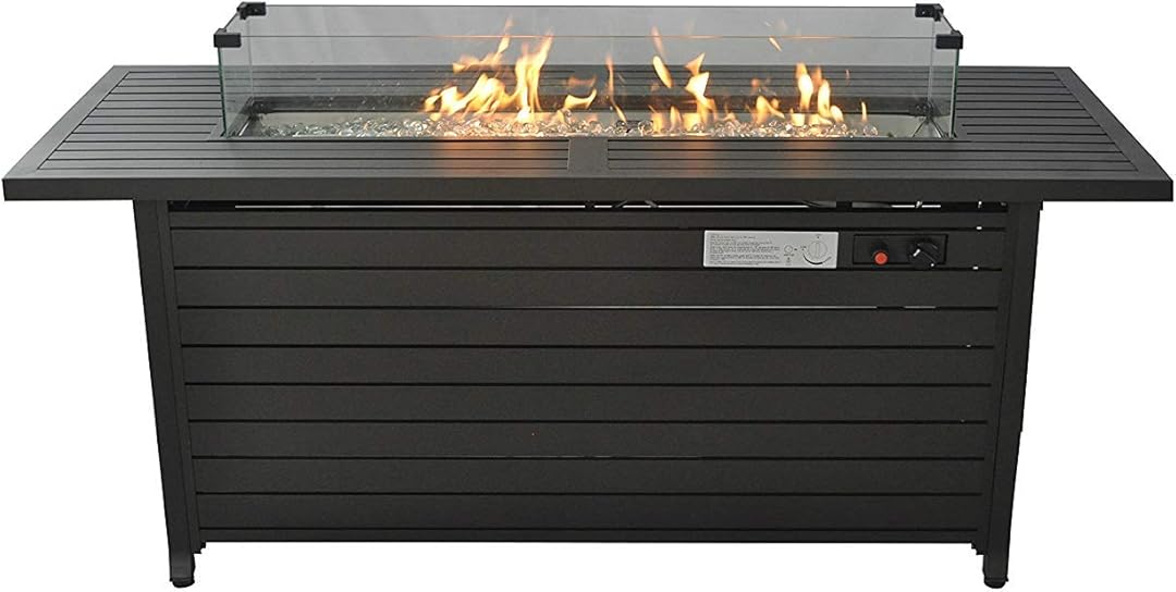 57 in Propane Fire Pit Table, 50000BTU, Retangular Outdoor Gas Fire Pit Table, Firepit Table with Lid & Wind Guard, for Garden Backyard Deck Patio Camping Party