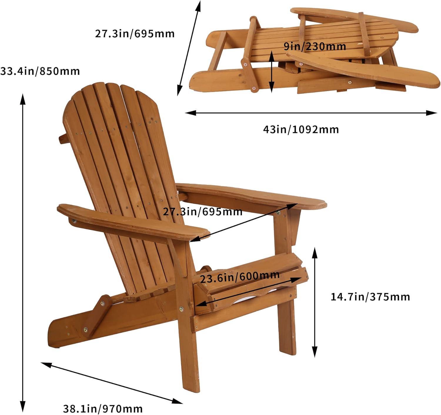 Adirondack Chair Lawn and Folding Chair Weather Resistant Patio Chair Outdoor Chairs Patio Seating Fire Pit Chairs Wood Chairs for Adults Yard Garden (Natural)