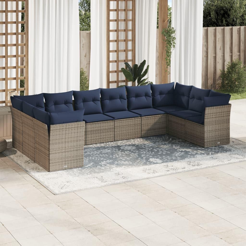 10 Piece Patio Sofa Set with Cushions, Gray Poly Rattan Outdoor Furniture, Modular Design for Backyard Terrace
