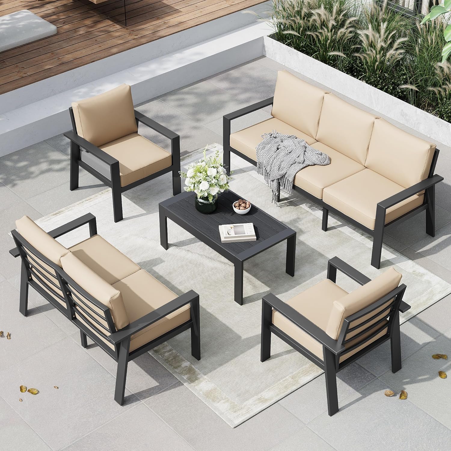 Aoxun 5-Piece Patio Furniture Set - Outdoor Aluminum with Waterproof Cover, Sectional Conversation Set with Coffee Table for Lawn, Garden, Backyard (Beige)