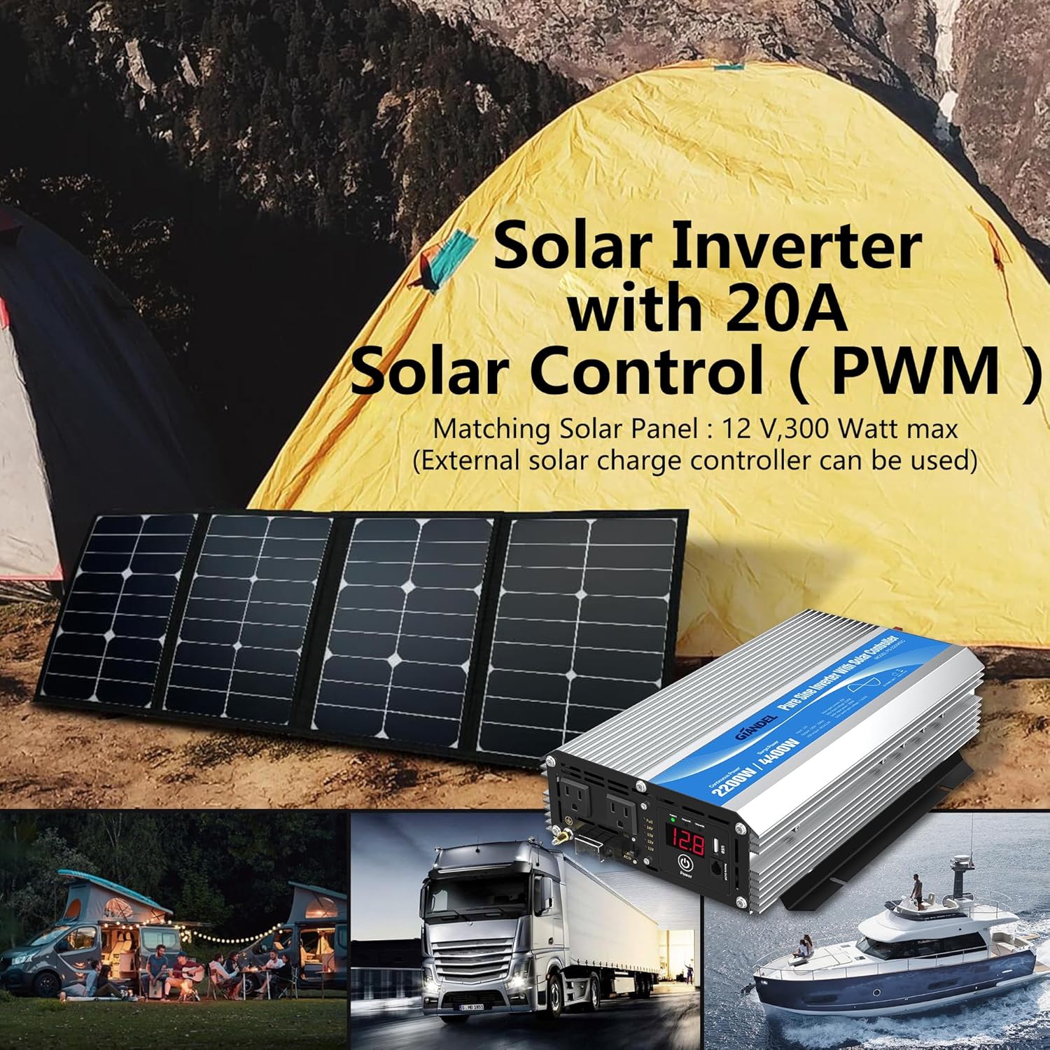 2200Watt Pure Sine Wave Solar Power Inverter with 20A Solar Charger Controller PWM and Wired Remote for Solar Setup RVs Camper Truck