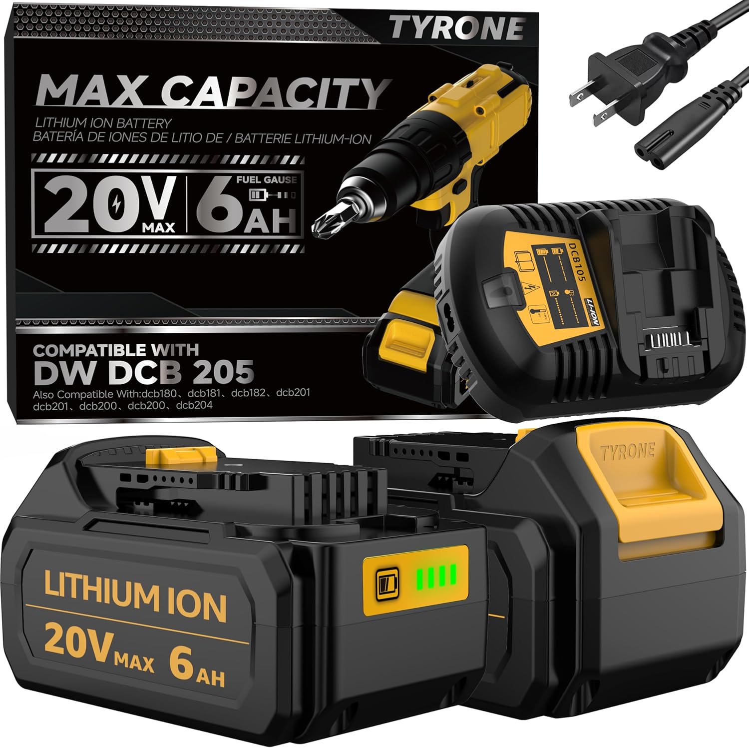 tyrone 20V Max Battery for DeWalt 2-Pack and Charger Compatible with Dewalt 20 Volt Lithium Batteries DCB203 DCB207 DCB204 DCB200 DCB201 Series Power Tools