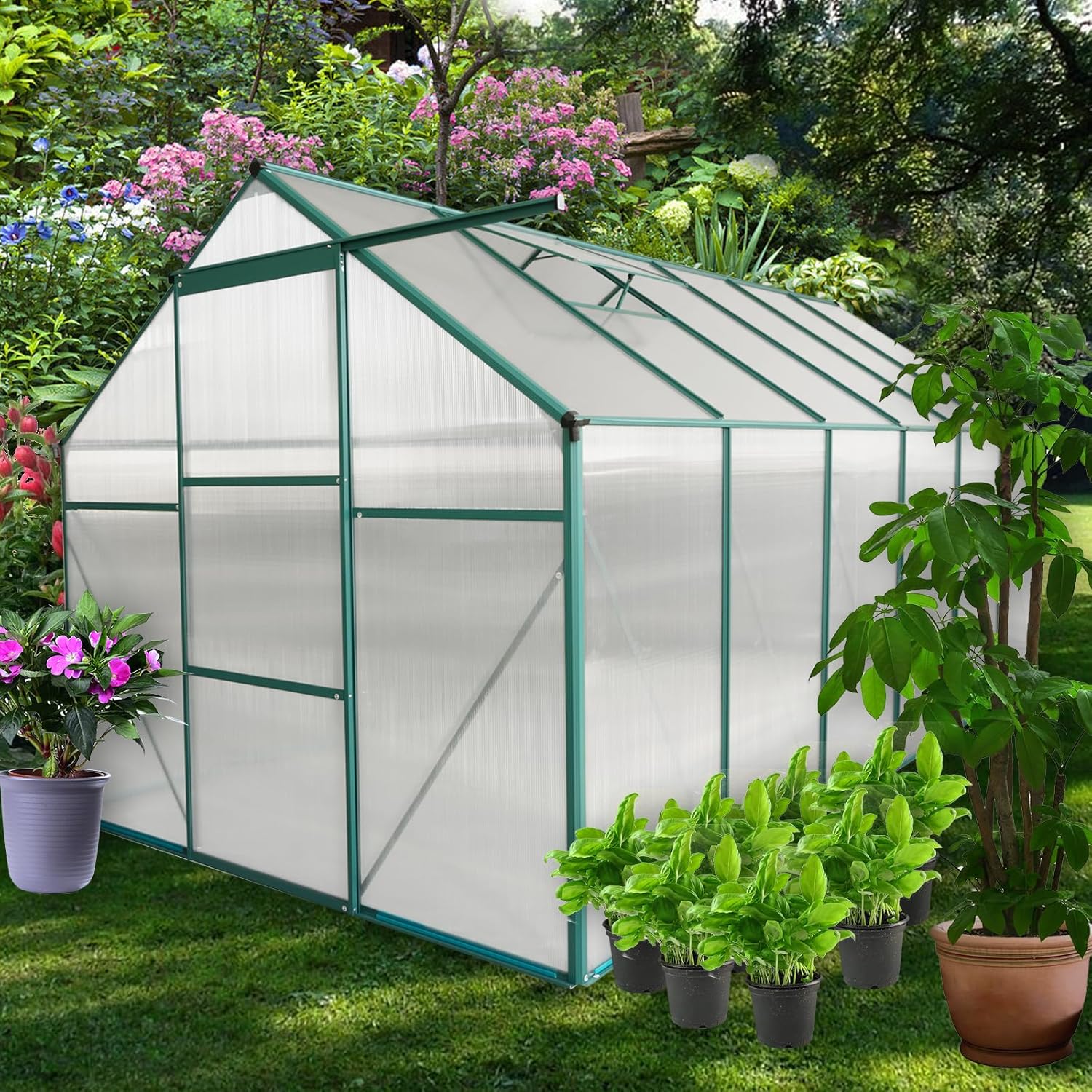 6x12 FT Polycarbonate Greenhouse, Heavy Duty Walk-in Aluminum Greenhouses with Adjustable Roof Vent for Outside, Large Lockable Green House with Sliding Door for Garden, Backyard, Lawn, Patio, Green