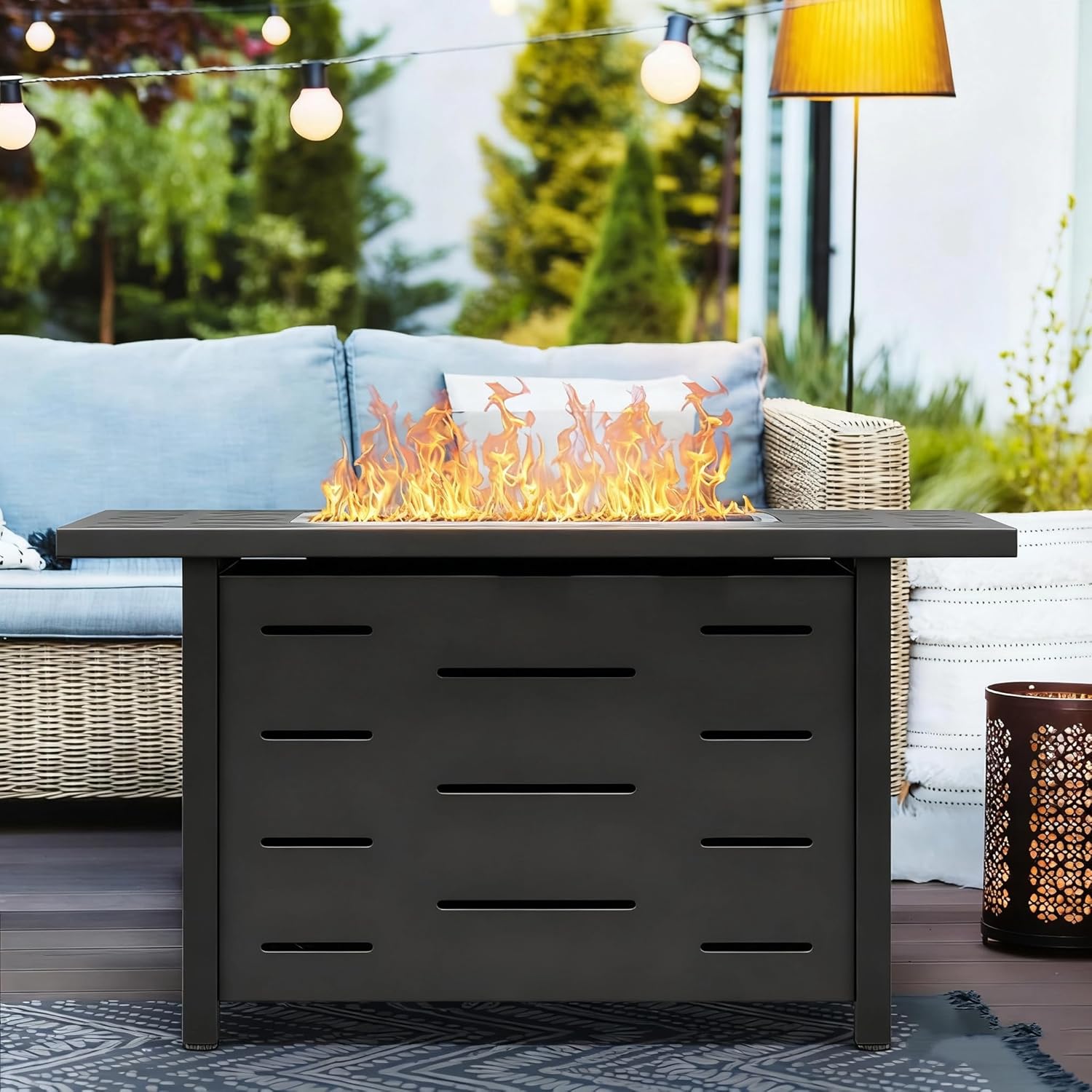 43 Inch Propane Fire Pit Table, 50,000 BTU Steel Gas Fire Pit with Steel Lid & Lava Rocks, 2-in-1 Outdoor Fire Table for Patio, Deck, Garden & Backyard, Black