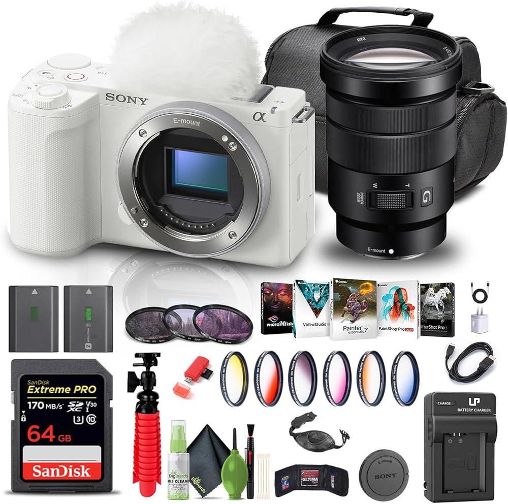 Sony Alpha ZV-E10 II Mirrorless Camera (Body Only, White) (ZVE10M2KW) 18-105mm Lens + 64GB Memory Card + Color Filter Kit + Filter Kit + Photo Software + Bag + NPFZ100 Battery + More (Renewed)