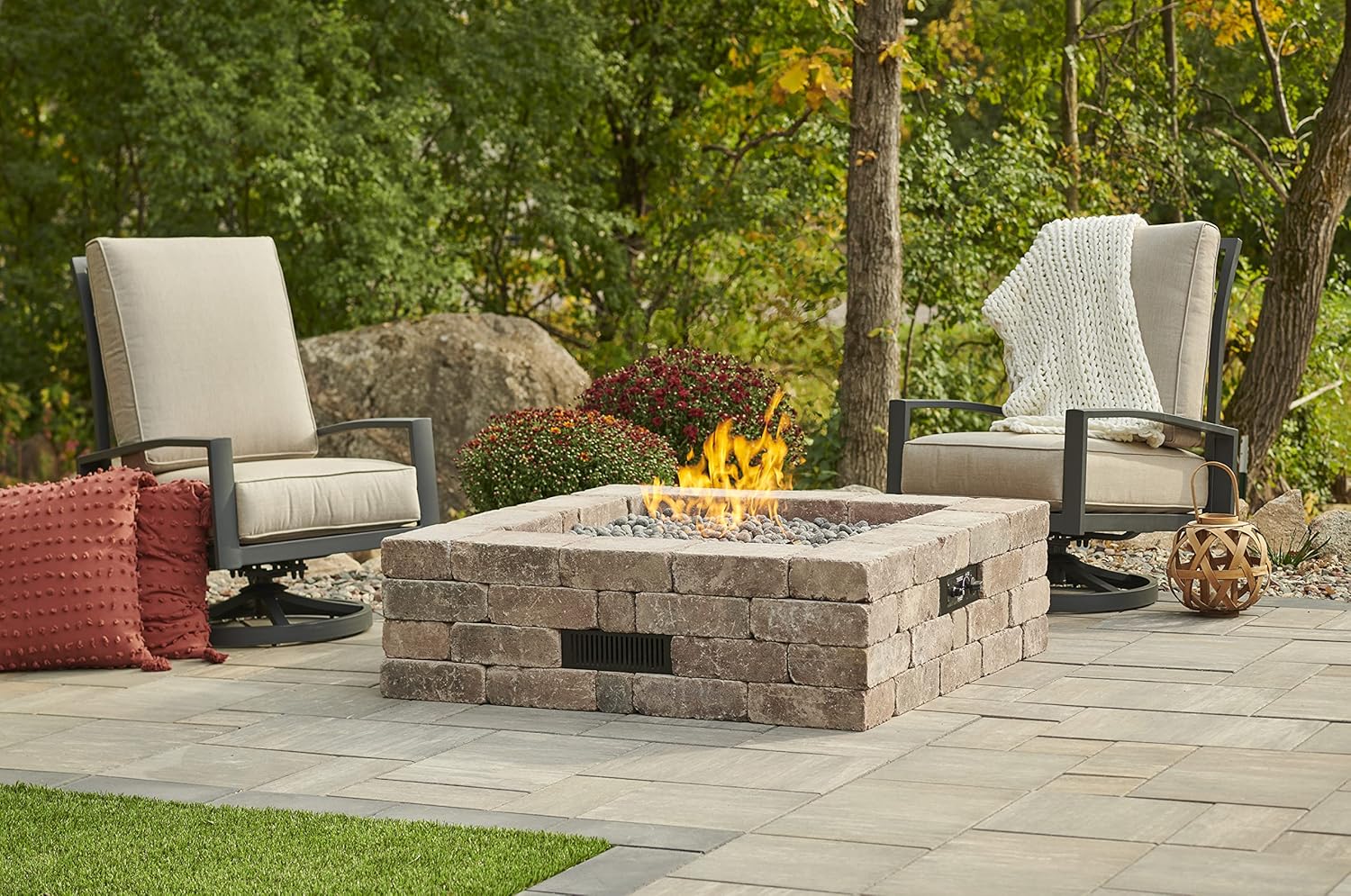 Outdoor GreatRoom Co Propane Fire Pit Kit - 51 Inch Square Bronson DIY Bonfire Gas Fire Pits for Outside Patio - Includes 64 Stone Paver Blocks, 42