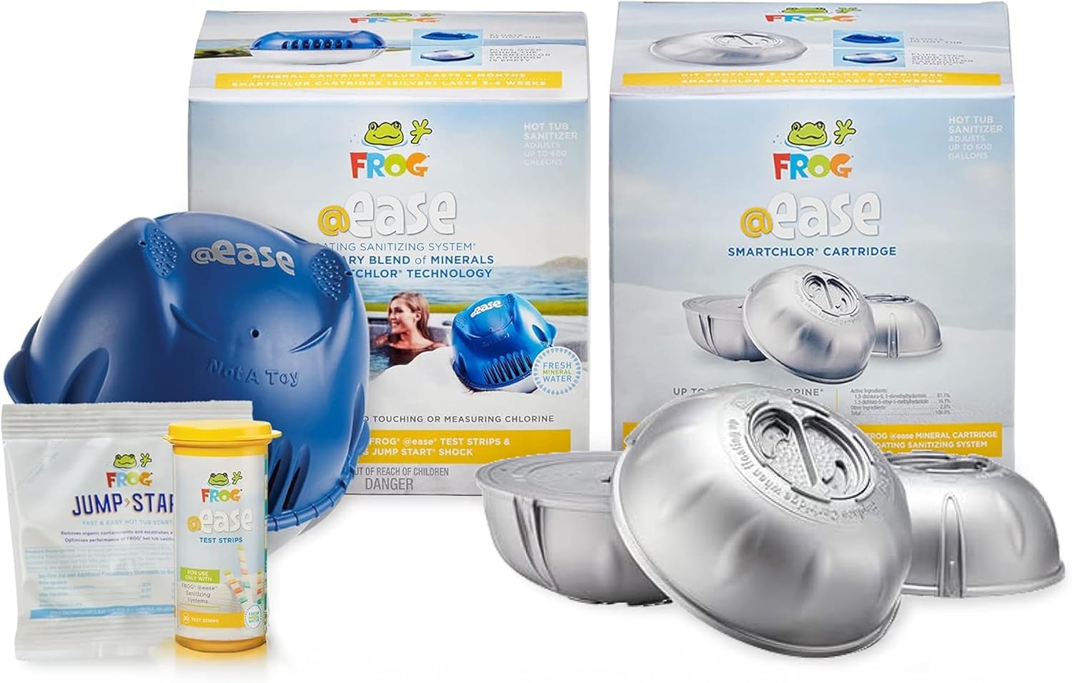 FROG @Ease Floating System for Hot Tubs - Quick & Easy Self-Regulating Hot Tub Sanitizer - Hot Tub Maintenance System with Sanitizing Minerals & SmartChlor Technology - 4 Month Bundle