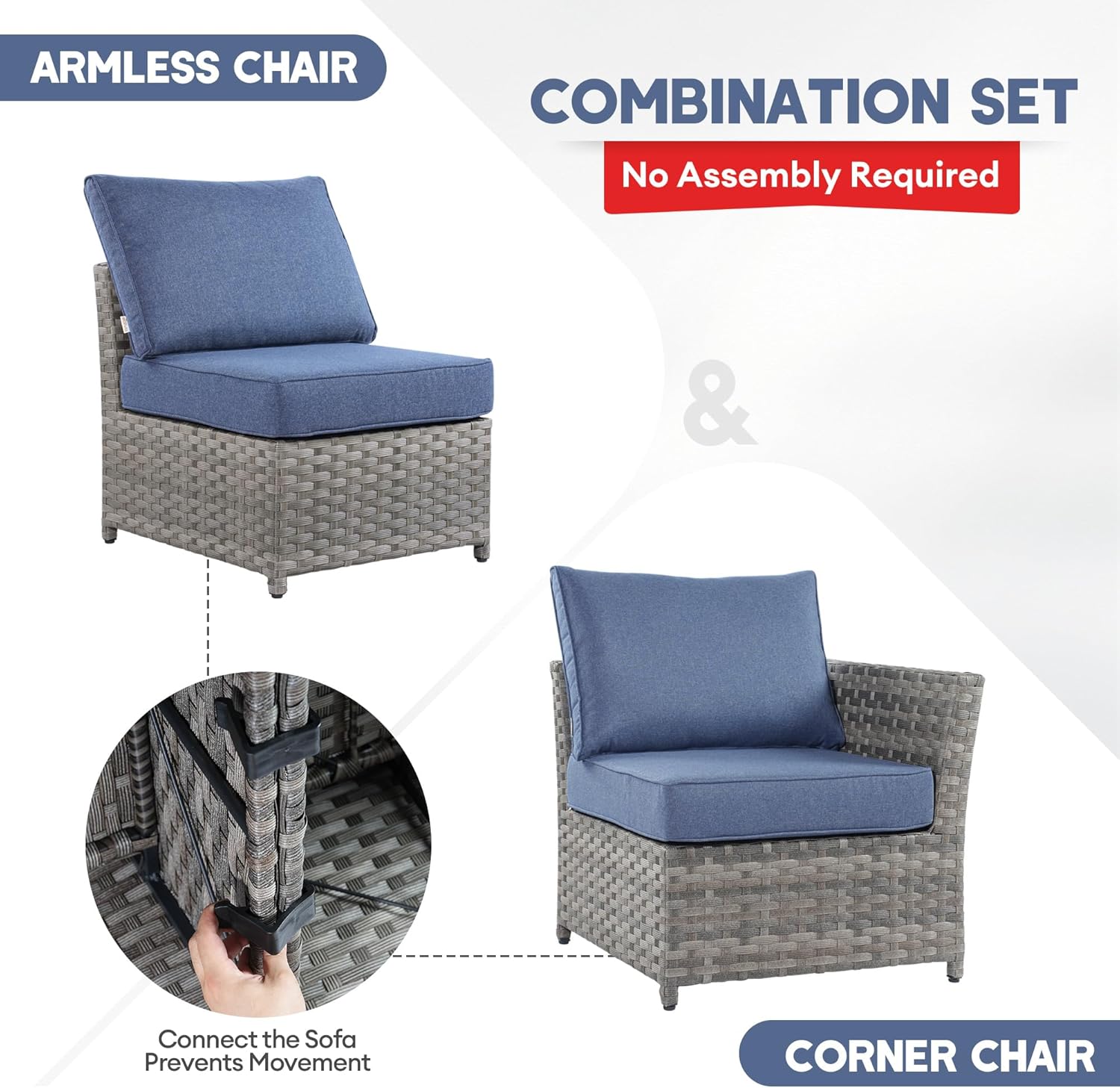 Patio Conversation Set, 10-Piece Wicker Outdoor Sectional Swivel Rocker Chairs Set with 42 Inch Rectangular Fire Pit Table (Denim Blue)