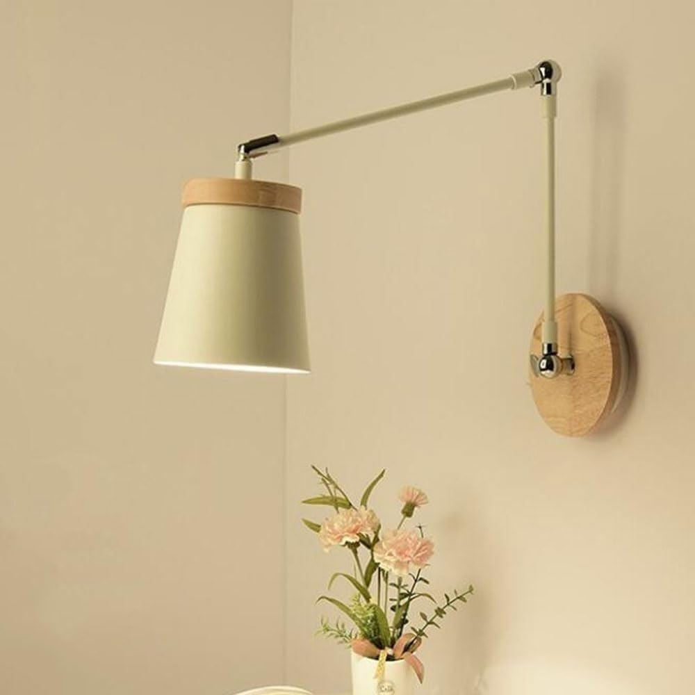 Adjustable Bedside Reading Lamp Wood Swing Arm Wall Sconce White Indoor Hardwired Wall Light, Nordic Vintage Home Decor Lighting Fixture E27 Bedroom Study Room Bookcase Wall Sconces