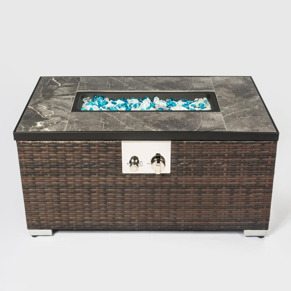 32 Inch Propane Fire Pit Table with Ceramic Tile Top and Wicker Base, 50000 BTU Outdoor Heater for Patio Garden Deck