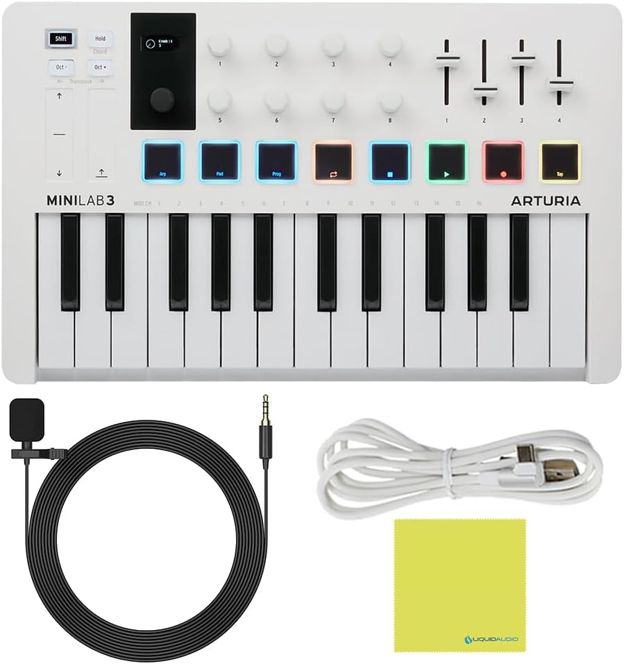 Arturia MiniLab 3 MIDI Keyboard Controller, Lavalier Omnidirectional Mic, USB Cable & Polishing Cloth - 25 Key MIDI Keyboard for Recording Studio Equipment, Software Included (with 3.5mm Omni Mic)