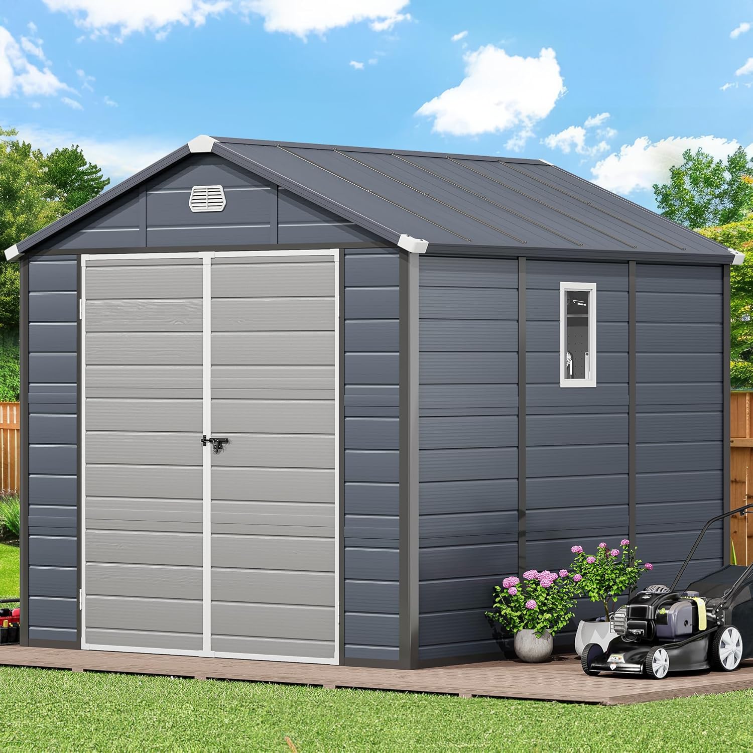 YITAHOME 8x9FT Resin Storage Unit sans Flooring, All-Weather Plastic Shed with Window, Vents and Secured Doors, Outdoor Plastic Tool Cabin for Poolside, Lawn, Backyard, Patio, Dark Gray