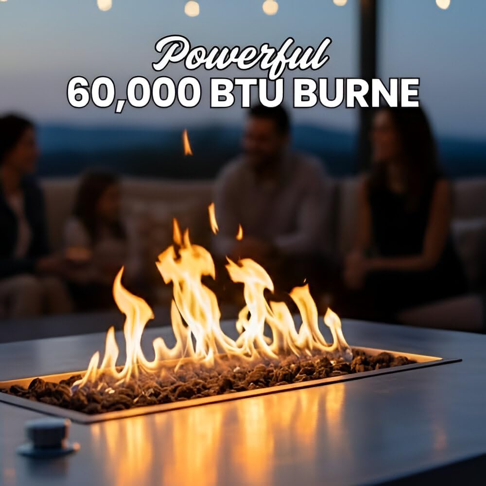 COOKE Palisades Rectangular Fire Pit Table - 44x36 - Chat Height - Natural Gas - Brushed Aluminum Top with 3cm Edge - Grey Texture Powdercoat Base