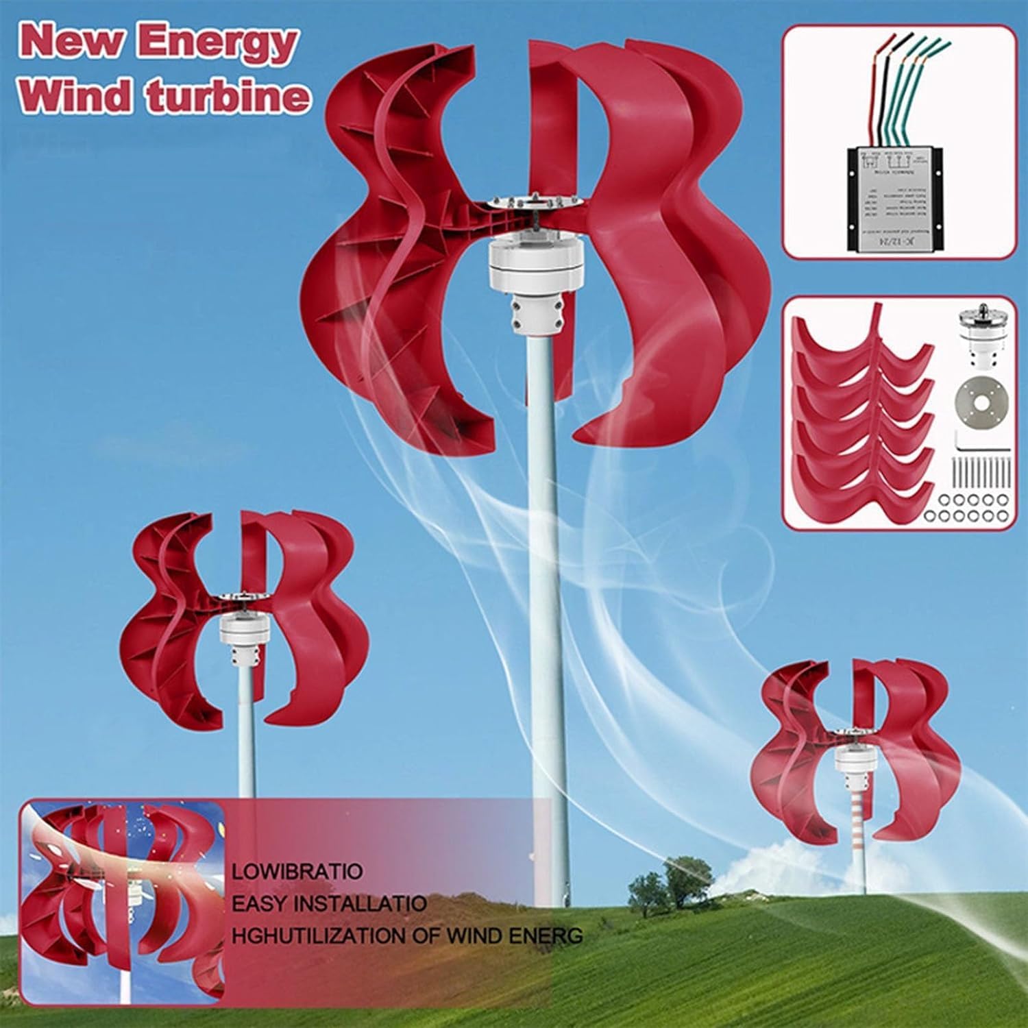 CAJUCA 9000W 5 Blade Hoist Wind Turbine Vertical Axis Wind Turbine Red Gourd Shape Low Wind Speed Starting AC with Controller and Solar Garden Light