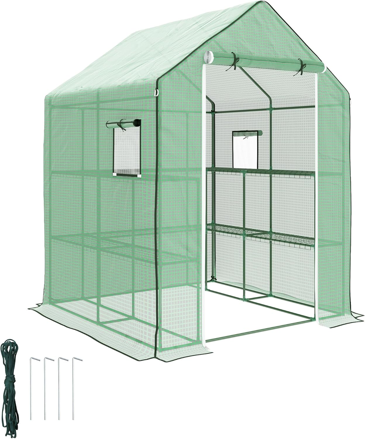 Outsunny 4.6' x 4.7' Portable Greenhouse, Water/UV Resistant Walk-in Small Outdoor Green House with 2 Tier U-Shaped Flower Rack Shelves, Roll Up Door & Windows, Green