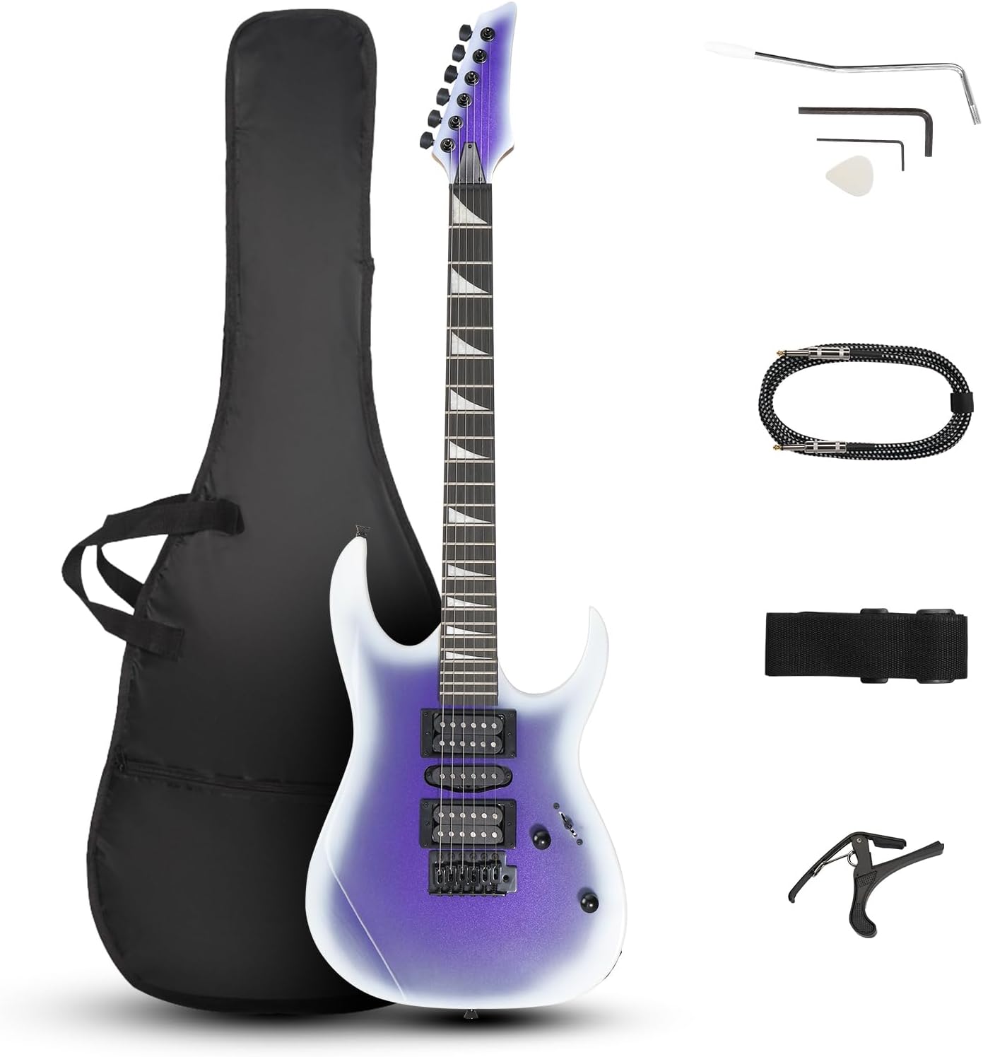 Ktaxon Full-Size Electric Guitar, Solid Body HSH Pickups 170 Guitars Beginner Kit with Gig Bag, Shoulder Strap, Tremolo Arm, Upgrade Cable, Capo All Accessories (Gradient Purple)