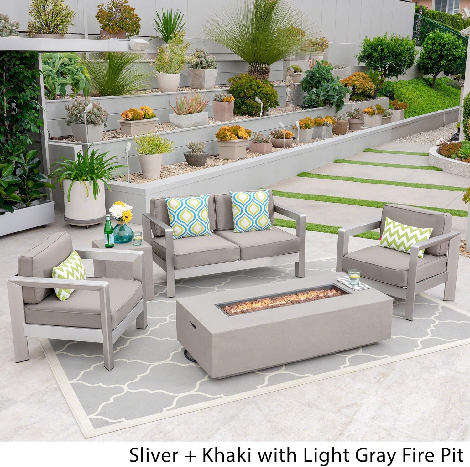 Great Deal Furniture GDFStudio Outdoor 4-Seater Aluminum Chat Set with Fire Pit and Tank Holder, Silver with Khaki and Light Gray