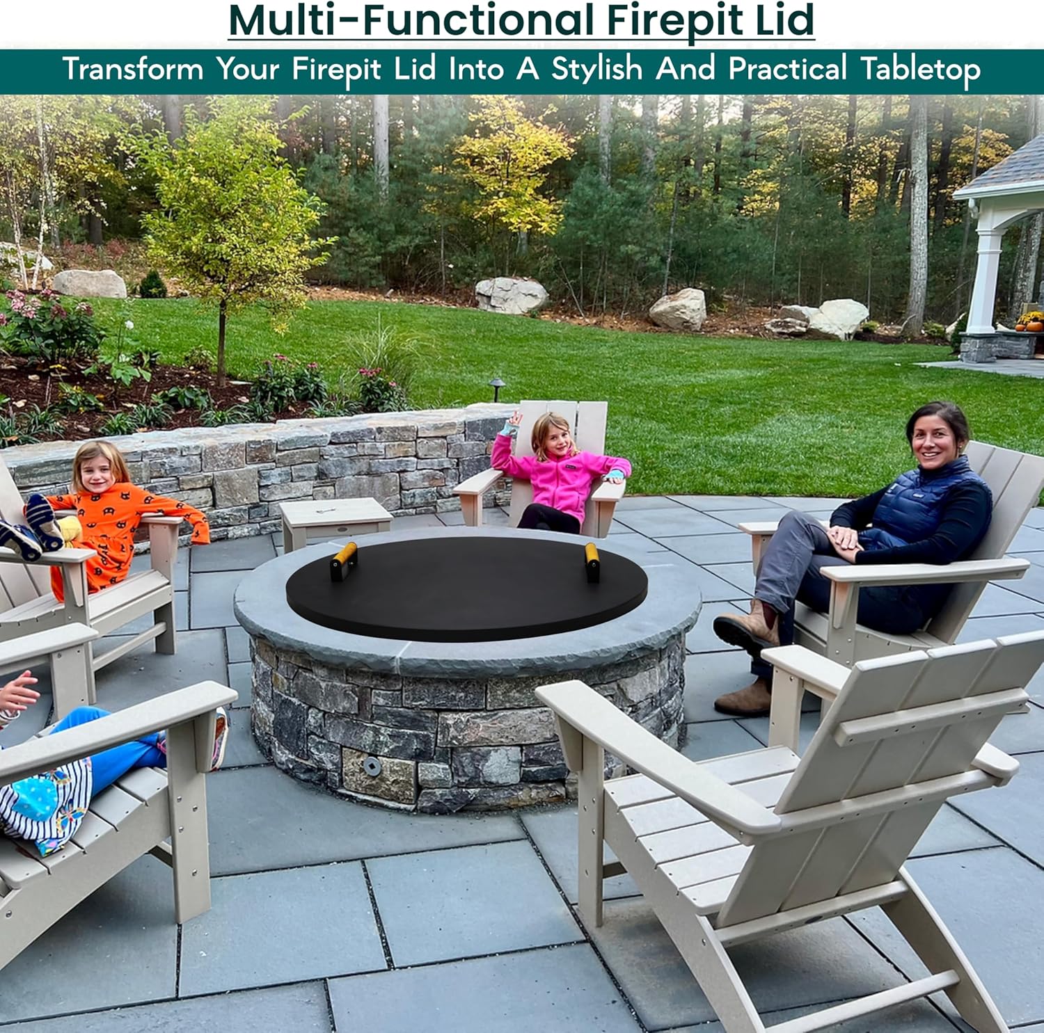 30” firepit lid round for inside up to 28” gas fire pit lid for Outdoor Fireplace Cover Lid Steel fire pit metal cover W/ 2 Wooden Handles & Heat Resistant Snuffer Lid for Round Patio Fire Pit Ring