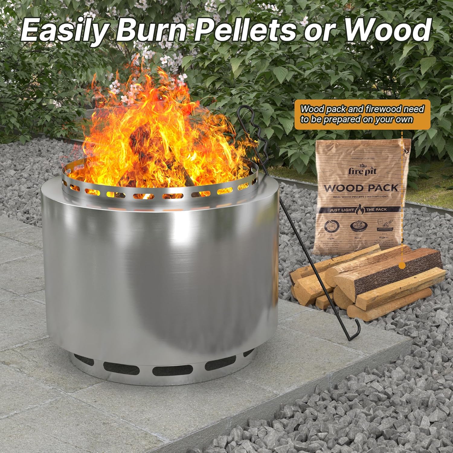 Gotland 19 inch Smokeless Fire Pit Stove with Ash Poker & Carry Bag, Outdoor Stainless Steel Portable Wood Burning Fireplace for Camping and Picnic - Silver