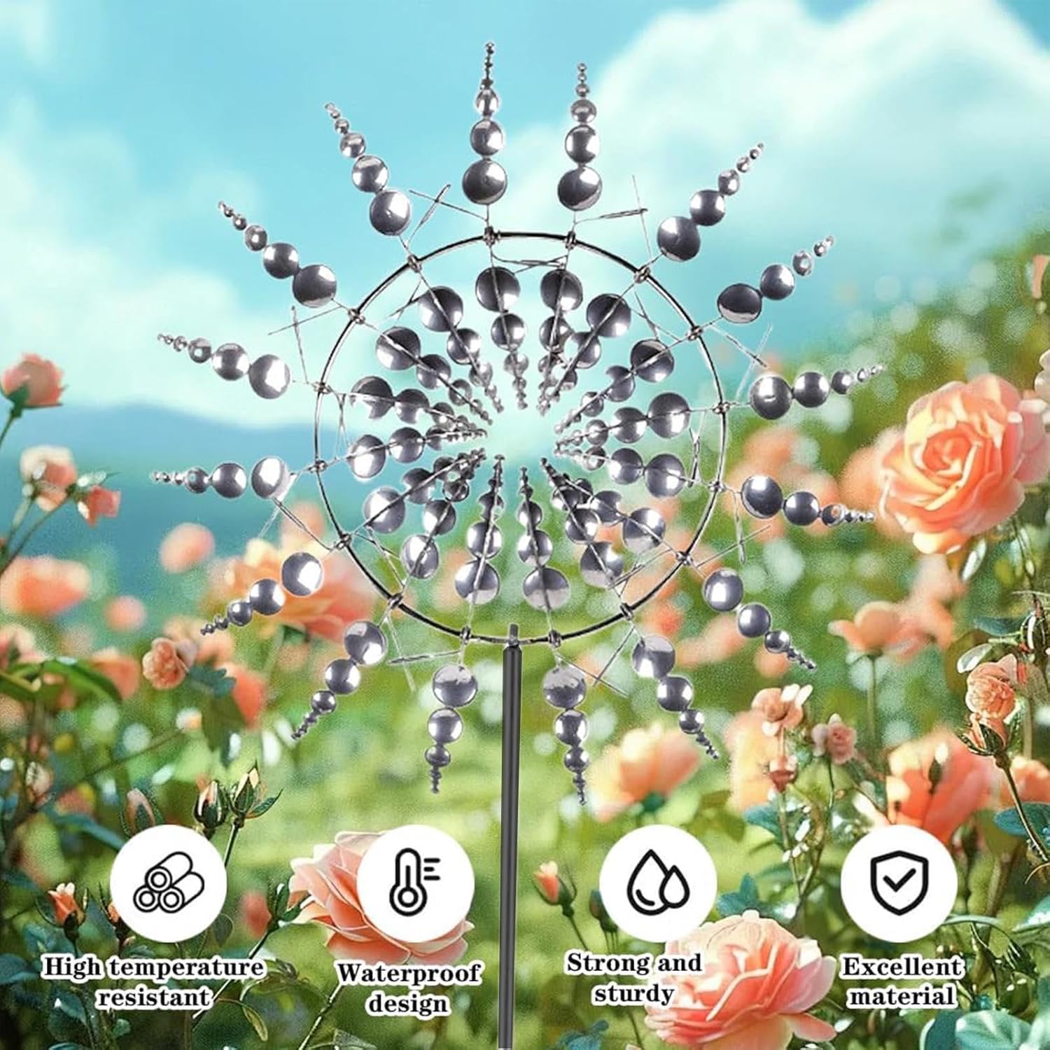 Solar Magical Windmill, Garden Decor Wind Spinners 3D Wind Powered, 13.4 x 71in Outdoor Windmill,Gold