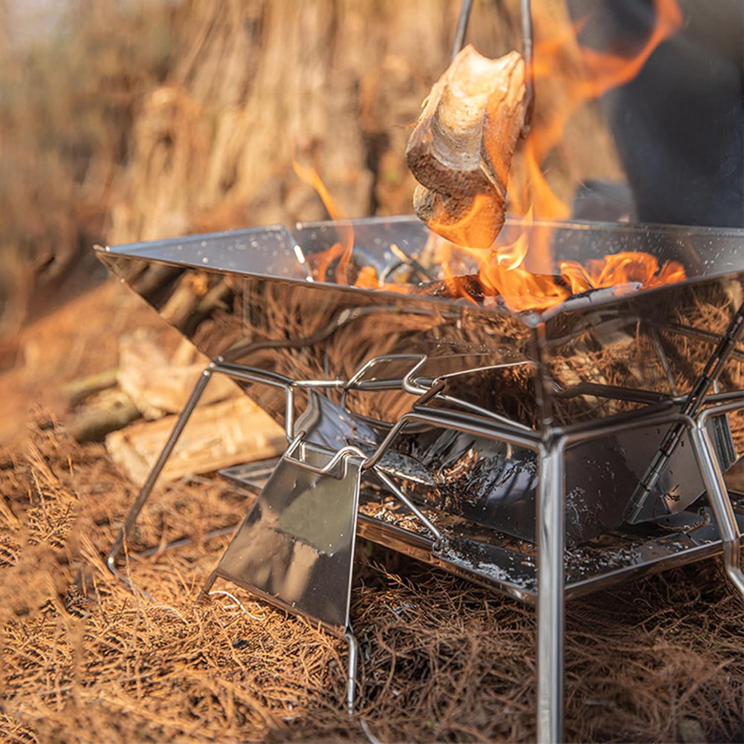 Portable Camping Fire Pit Campfire Grill, Stainless Steel Folding Charcoal Barbecue Grill, Outdoor Wood Stove Burner with Carrying Bag (Square)