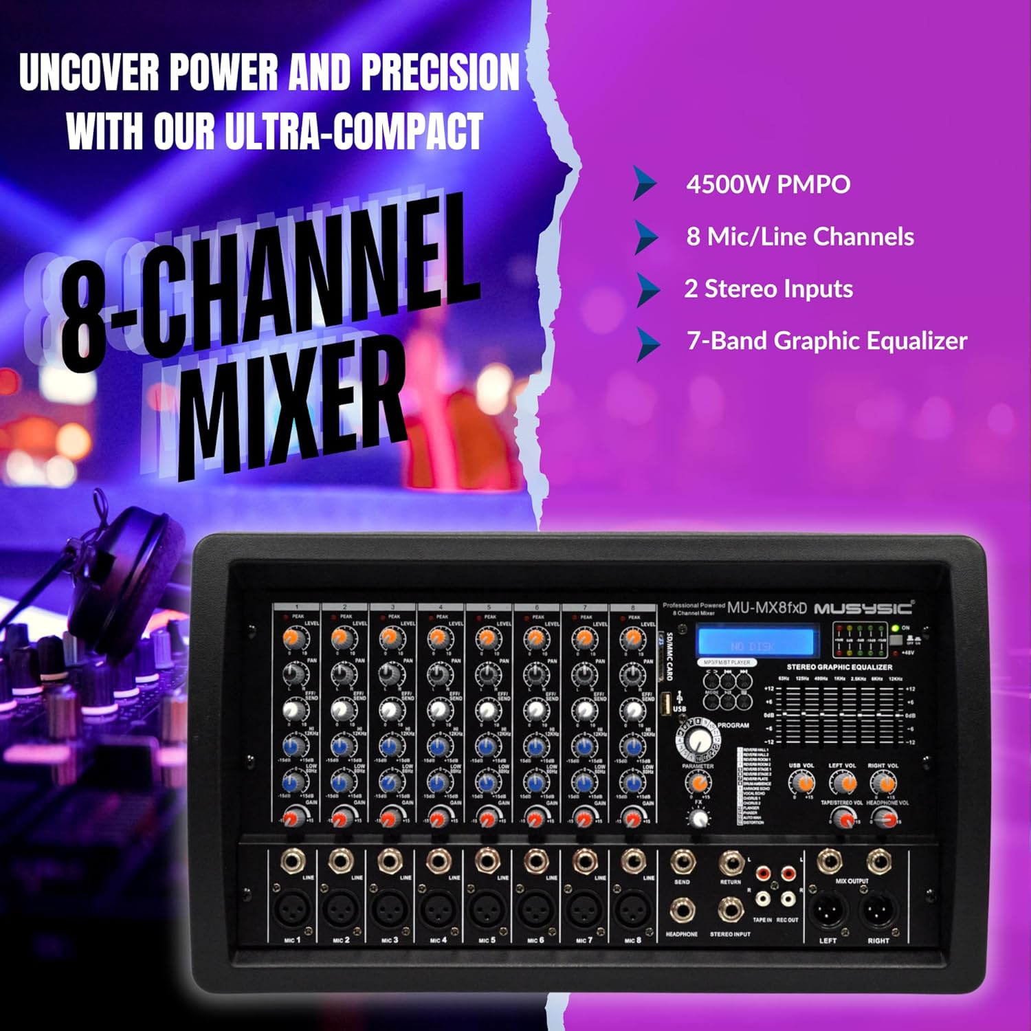 MUSYSIC PA15-MX800 Professional PA System – 8 Channel Audio Mixer with Built-in 4500 W Amplifier 15” Studio Wireless Speakers Bluetooth/USB/SD/FM UHF Wireless Microphone System Stands Pair