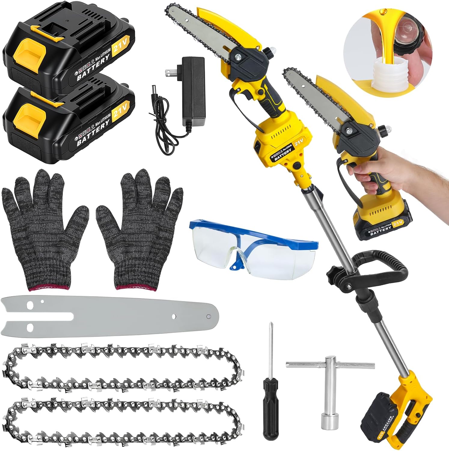 2-in-1 Cordless Pole Saw with Brushless Motor, 5.9FT Telescopic Extension, Electric Mini Chainsaw for Tree Trimming and Branch Cutting, Pruning Saw with 2 Batteries and Sharp Quenched Chain (Yellow)