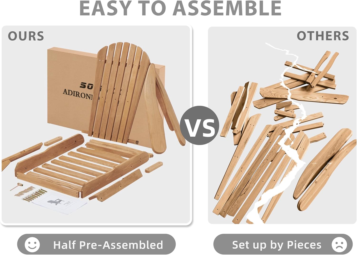 SoliWood Outdoor Wooden Folding Adirondack Chair Set of 6 with Pre-Assembled BackRest, Wood Patio Chair for Garden Backyard Porch Pool Deck Firepit