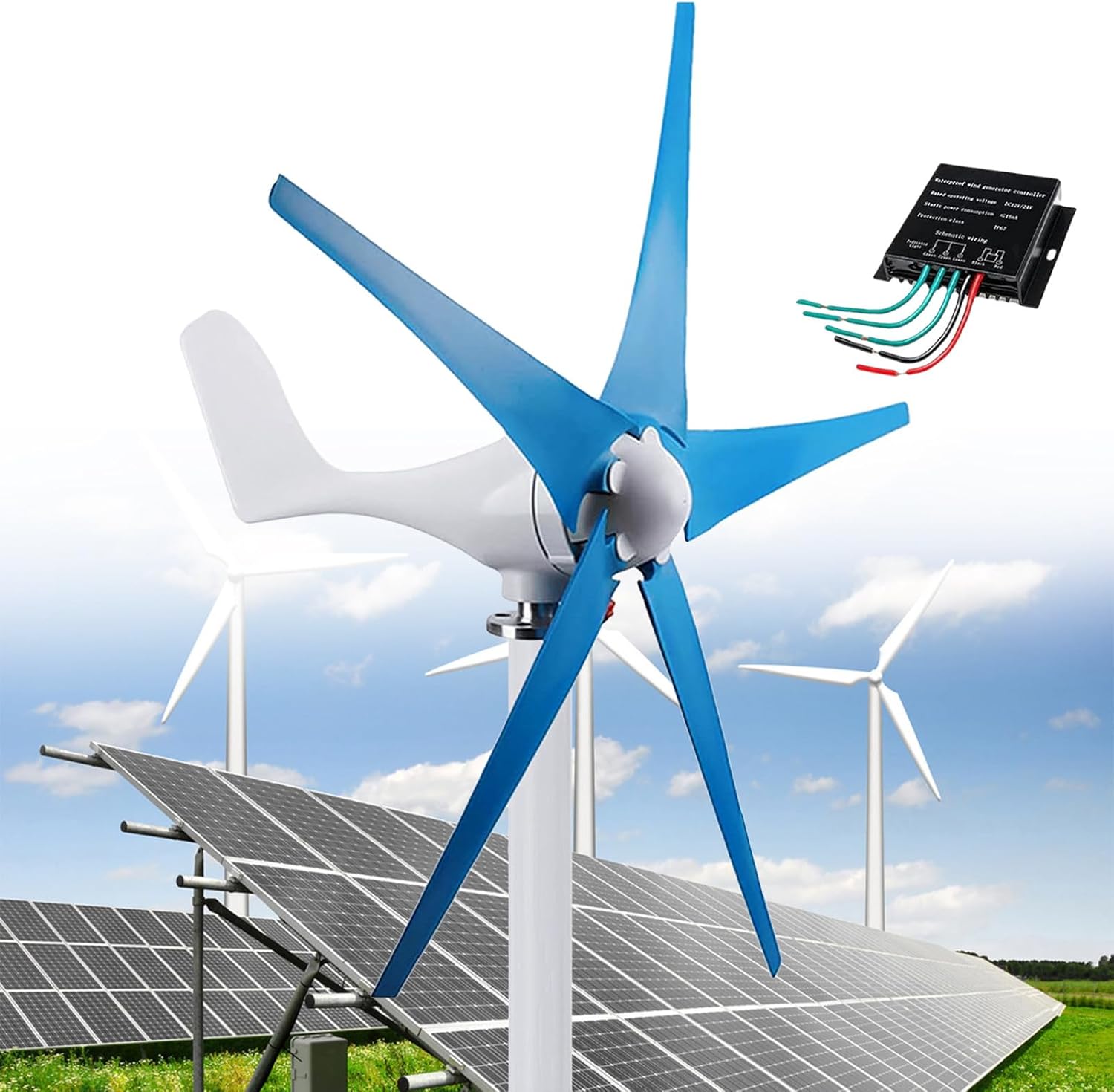 Wind Turbine, 5 Blades Professional Wind Turbine Small Windmill Generator, Three Phase AC Permanent Magnet Generator, Suitable for Ships, Homes, Industries (Blue 48V)