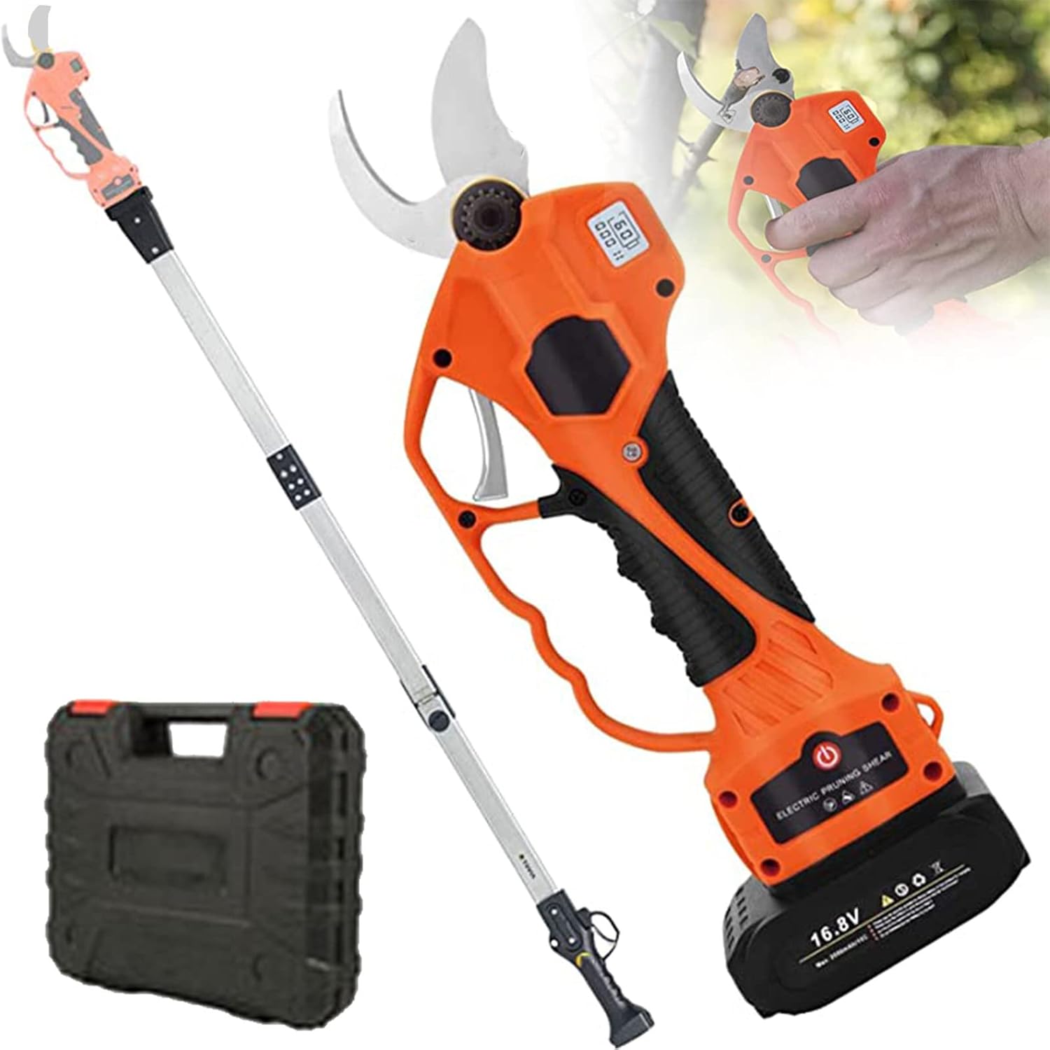 Cordless Pruning Shears Electric Pruning Shears Tree Branch Pruner Lithium Battery Powered,with High Reach Extension Pole/LCD Display Screen,for Garden and High Branch Pruning,30cm