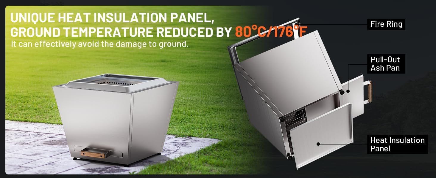 Cyberpit One Pro 25 Inches Smokeless Fire Pit with Pull-Out Ash Pan, Portable Outdoor Fire Pit for Backyard, Patio & Camping, Stainless Steel, Silver (1 Door) – Includes Carry Handle (1