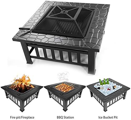 32 inch Outdoor Square Metal Firepit Backyard Patio Garden Stove Wood Burning BBQ Fire Pit with Grilling Net,with Dust Cover, with Poker Four-Corner Brazier