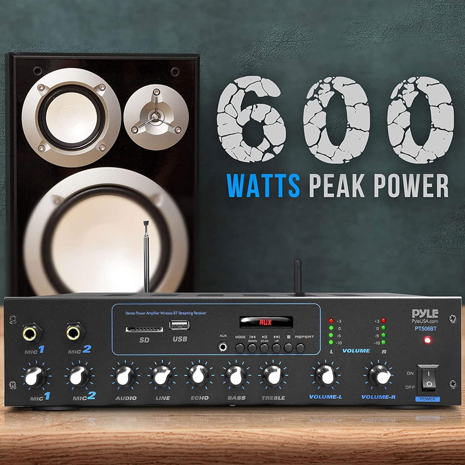 Pyle Professional Powered Amplifier & Bluetooth Receiver Stereo Audio System, FM Radio, (2) 1/4'' Microphone Input Jacks, MP3/USB/SD/AUX Playback, LCD Display ID3 Tag Readout 600 Watt - PT506BT.5