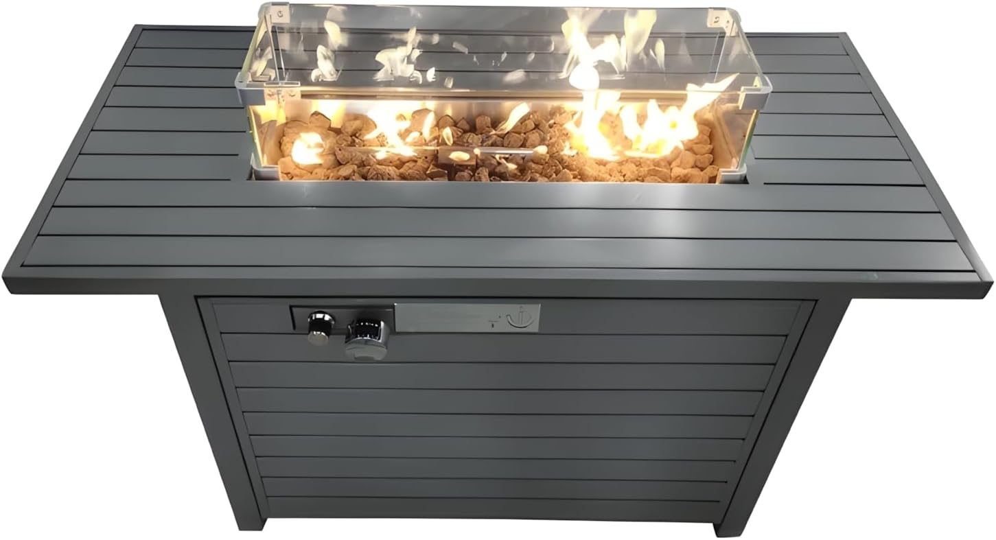 Penau 25 Inch H x 42 Inch W Steel Propane Fire Pit Table for Outdoors with Cover and Gas Conversion, Modern Grey Design, Adjustable Flame Height, Stone Filler