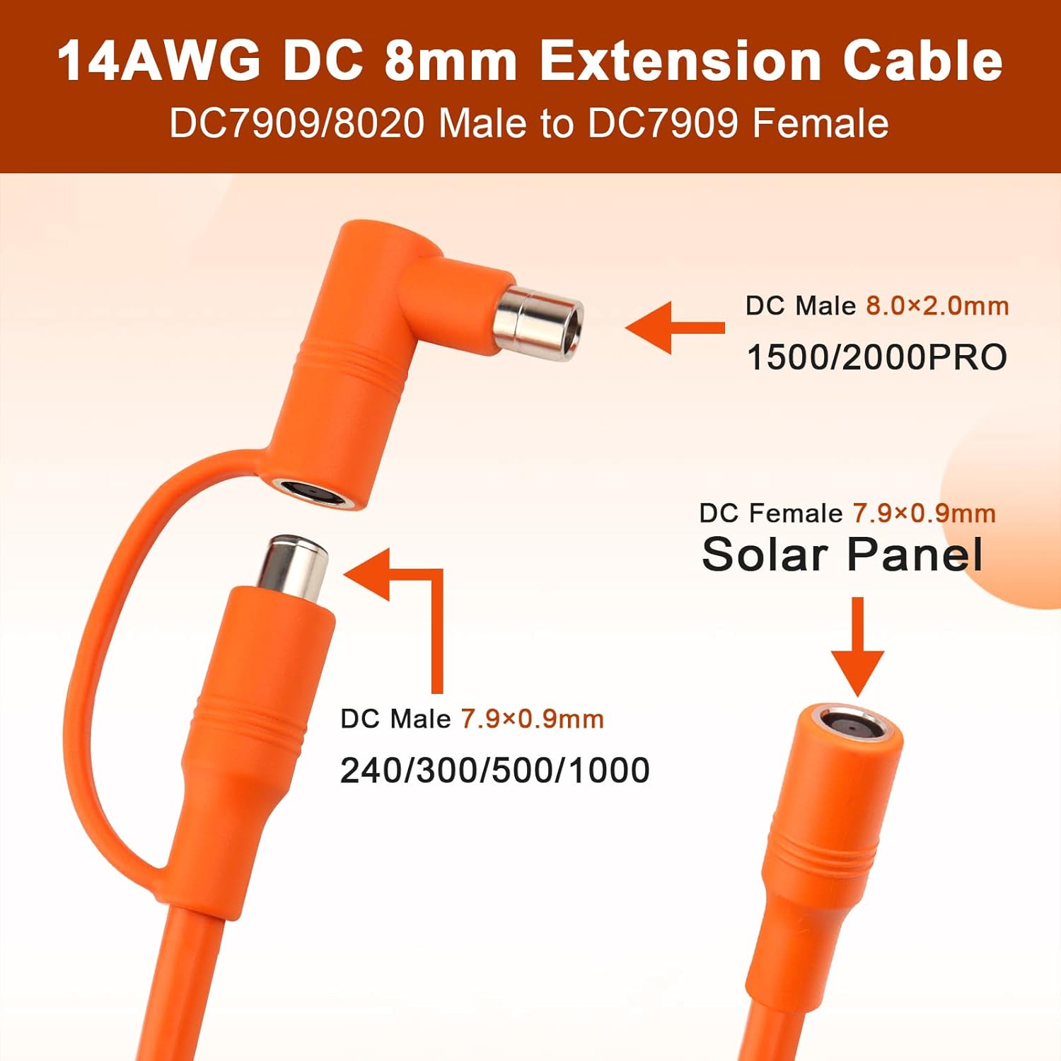 14AWG DC 8mm Extension Cable for Solar Panel 75FT,DC7909 Solar Panel Cable Female to Male with DC8020 Male Adapter Compatible with Aker,GZ Yeti,BLUETT,Jackery Portable Power Station - 75 Foot