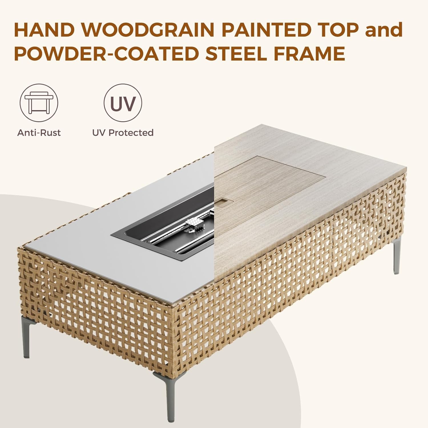 Grand patio 47inch Outdoor Wicker Propane Fire Pit 50,000 BTU Rectangle Gas Fire Pit Table with Propane Tank Storage Box, Woodgrain Tabletop, Lid, Lava Rock for Garden/Patio, CSA Certification