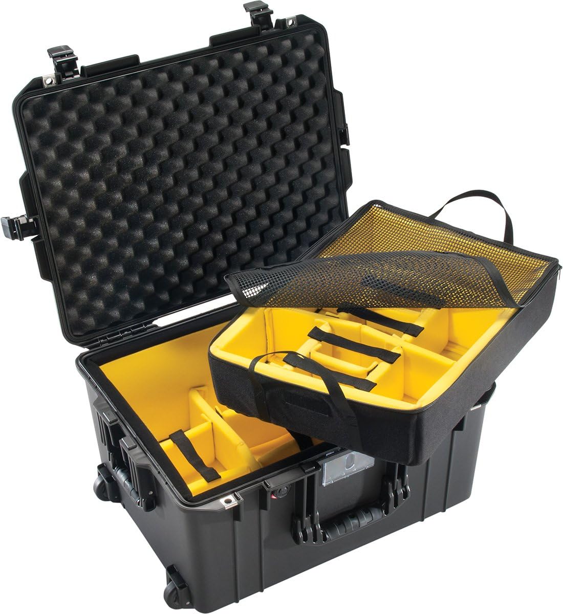 CVPKG Presents - Black Pelican 1607 With Yellow padded dividers Air case. Comes with wheels.