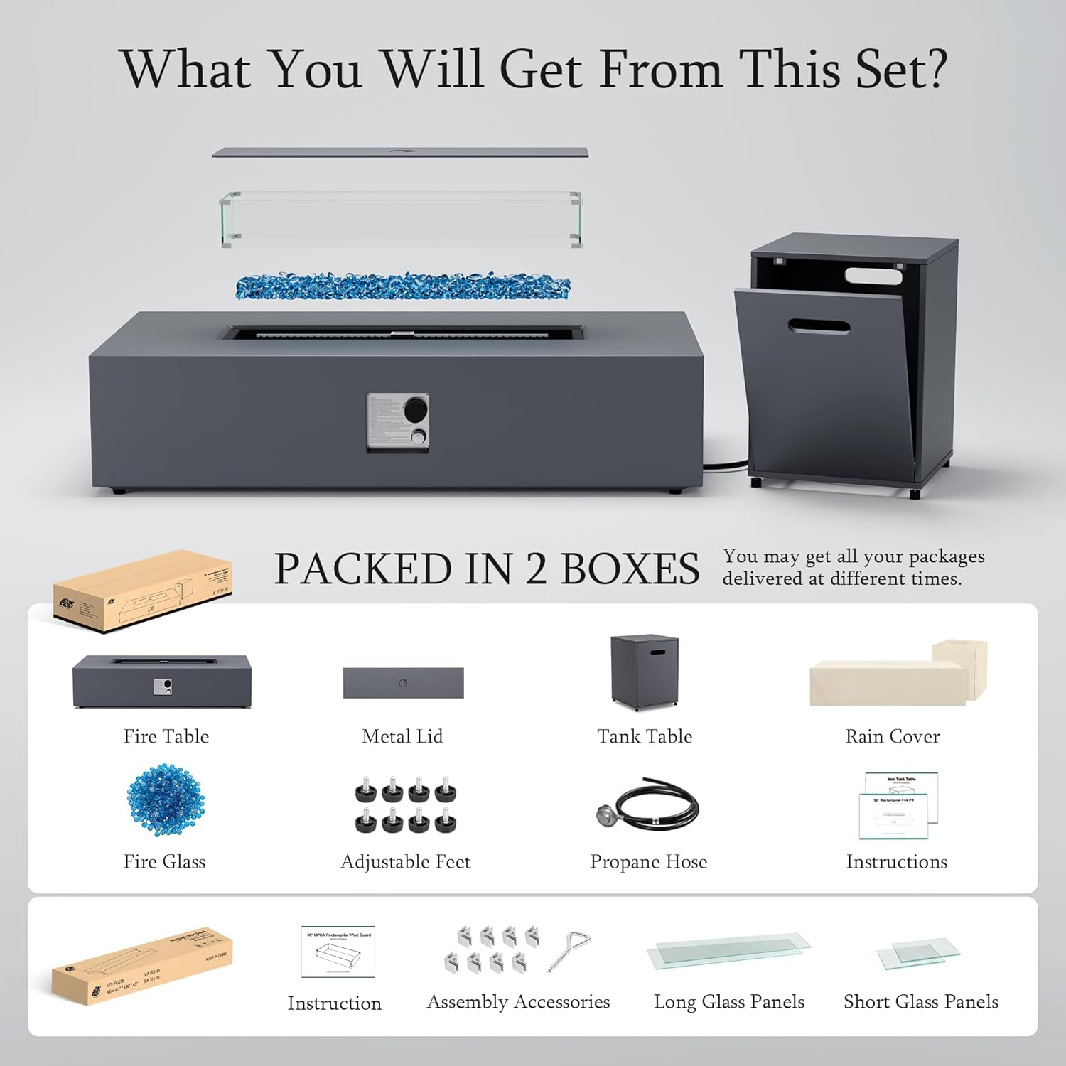 UPHA 56-inch Outdoor Propane Gas Fire Pit Table 50000 BTU Iron Rectangle Firepit for Outside Patio with Tank Hidden Table, Wind Guard, Removable Lid, Blue Glass Rocks, Rain Cover, Grey