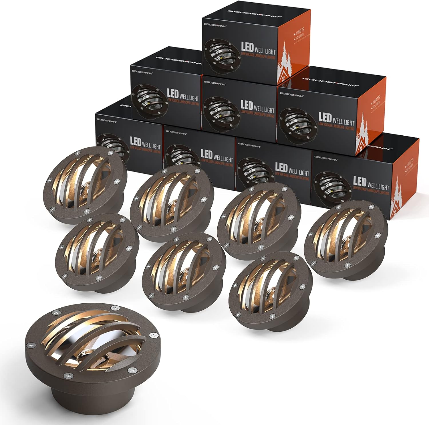 GOODSMANN Well Lights Low Voltage 4W LED Outdoor Landscape Lights 200 Lumen Brown Yard In-ground Uplight 3100K Warm White Metal Tree Well 12V Light Landscape Lighting Kit 12V Well Lighting (8Pack)