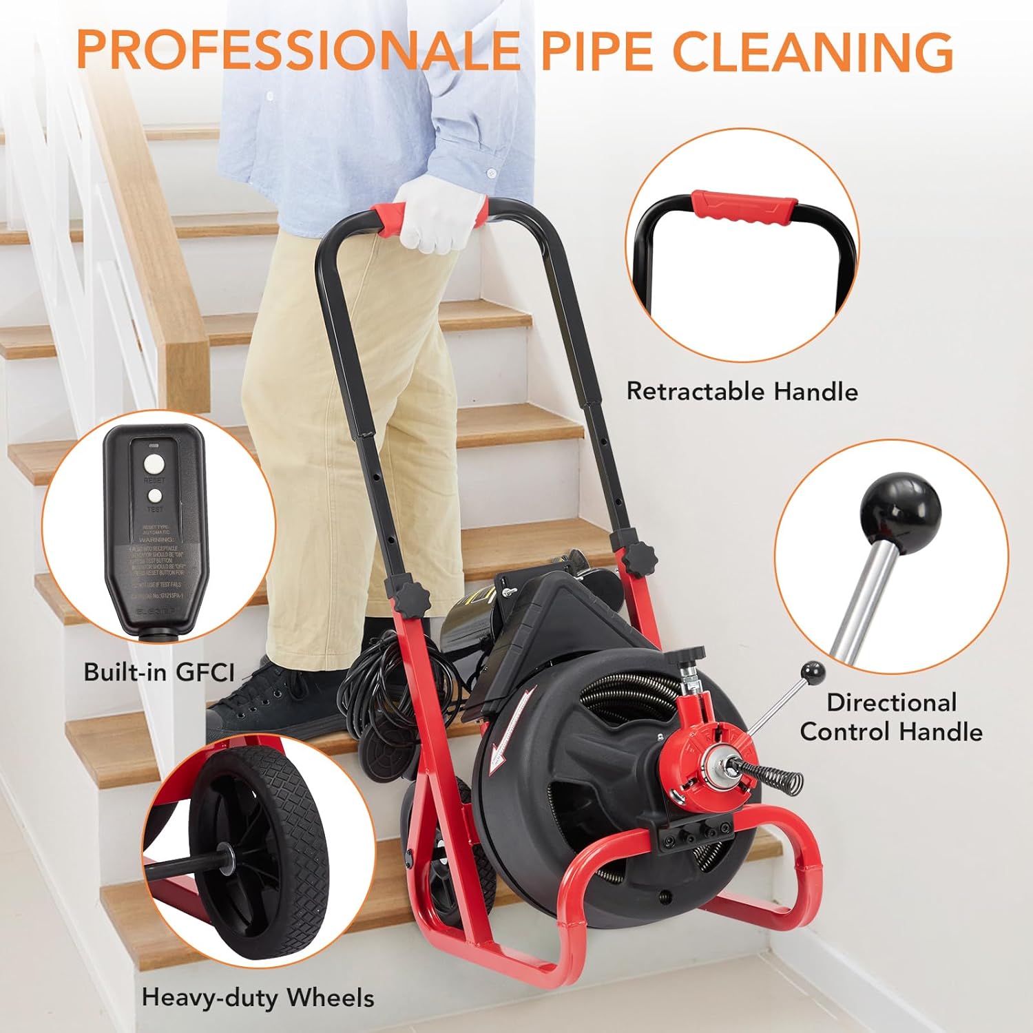 Drain Cleaner Machine, 75 ft X 1/2 in Electric Drain Snake with 6 Cutters Gloves, Electric Drain Clog Remover Plumbing Tool for 2 to 4 in Pipes