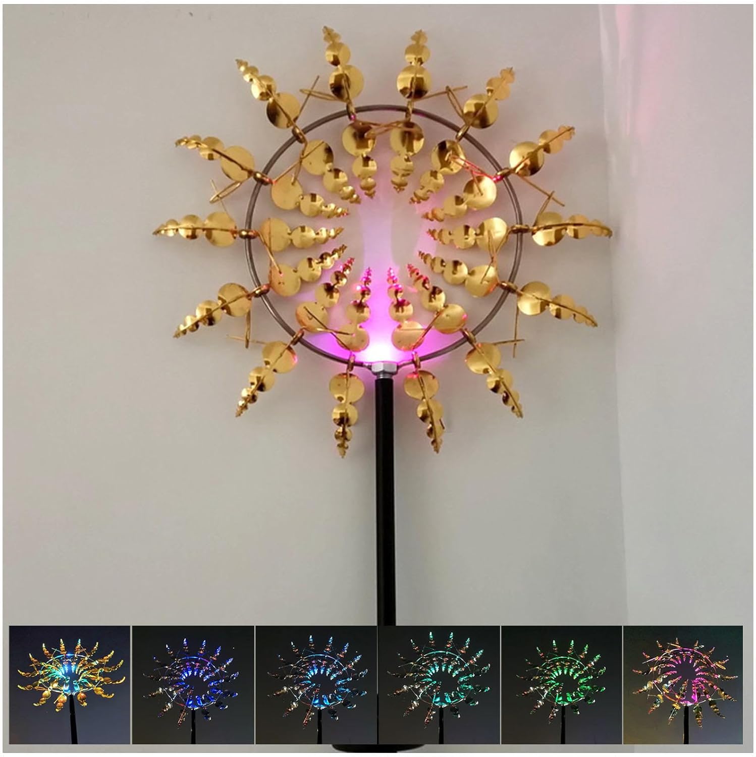 Solar Magic Windmill, Metal Wind Spinner 3D Wind Powered, 13.4 x 71in Giant Wind Spinner,Gold