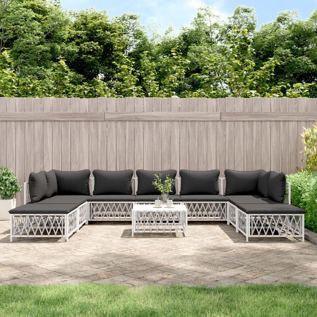 10 Piece Patio Lounge Set with Cushions White Steel,Comfortable Outdoor Patio Lounge Set with Modular Design and Washable Cushions Patio Furniture Sets, Outdoor Furniture Sets