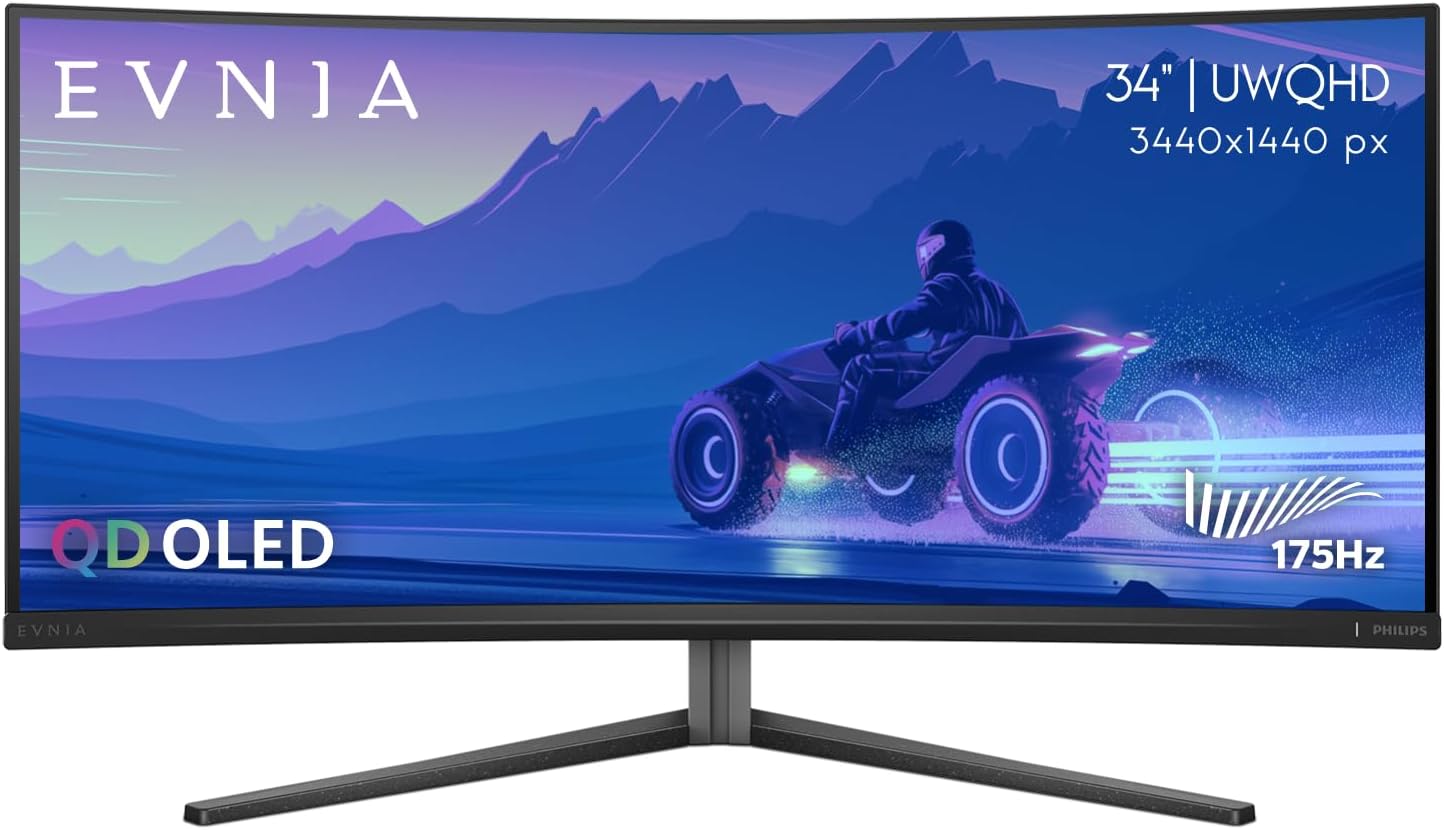 Philips Evnia 34M2C6500 QD OLED Curved Gaming Monitor, WQHD 3440 x 1440, 175Hz, USB-C Hub, Height Adjustable, 4-Year Advance Replacement, Gaming Console Compatible