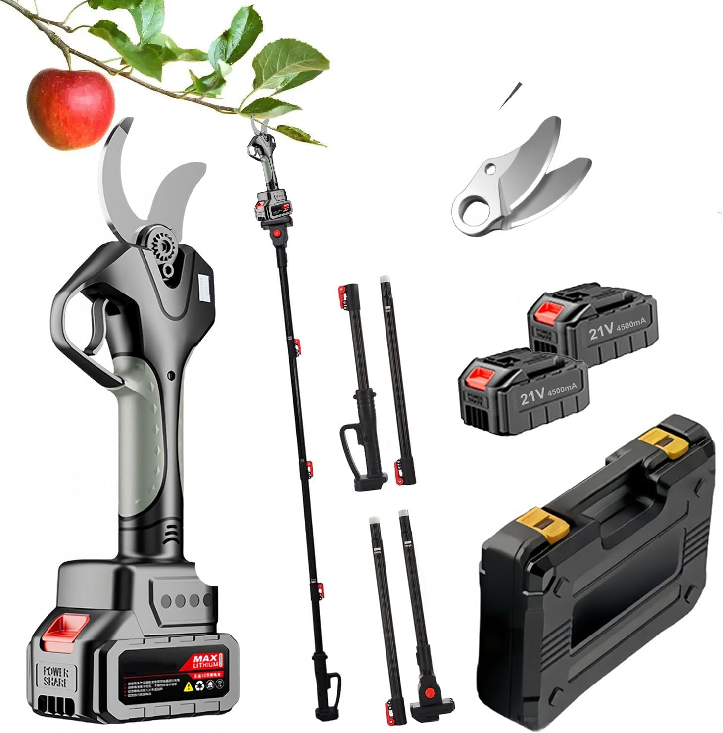 980W Electric Pruning Shears, 40-45mm Cutting Diameter Cordless Pruner with LCD Display, Brushless Motor, 2x 4500 mAh Rechargeable Batteries & Spare Blade for Garden Trees and Branches