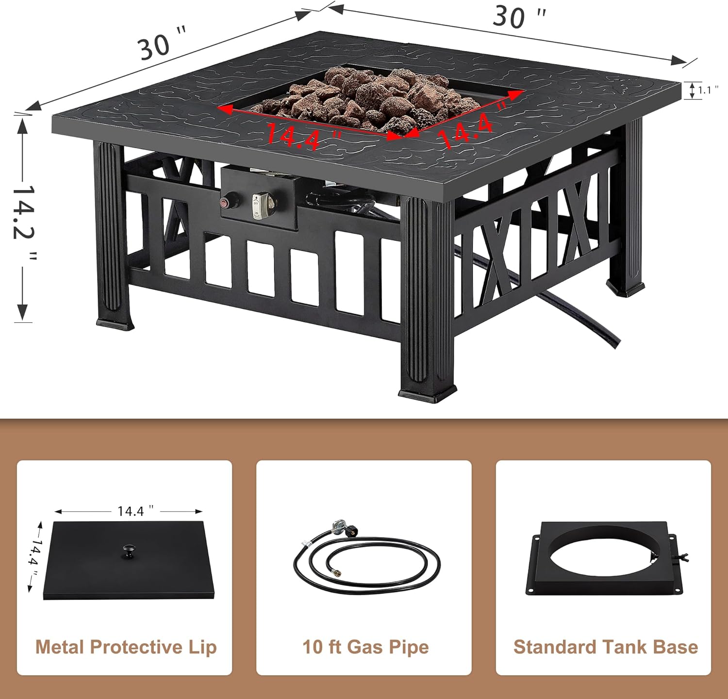 VECELO Propane Fire Pit, 30 Inch Outdoor Gas Fire Table, 50,000 BTU Square Firepit with Lid and Lava Rock, Adjustable Flame Steel Fire Table for Outdoor, Patio, Backyard, Party, Black