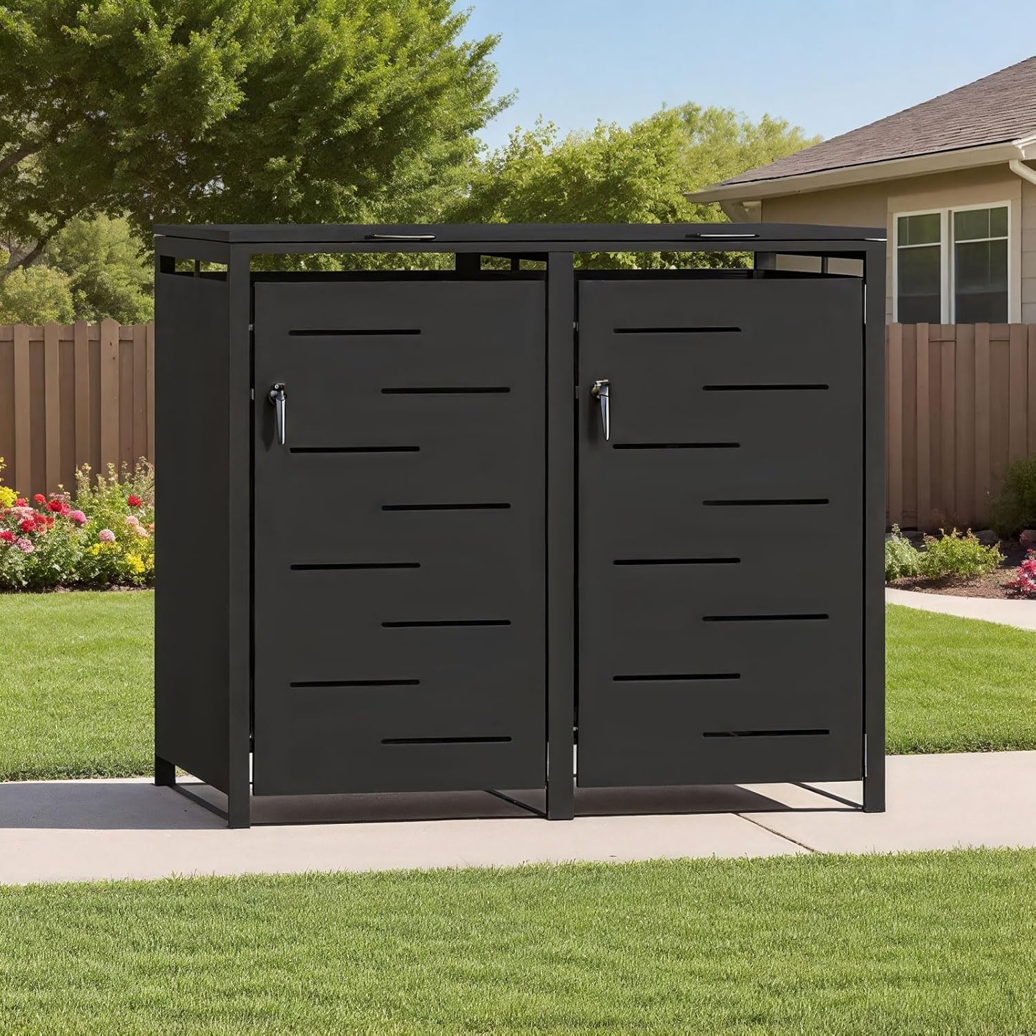 Outdoor Trash Can Storage Shed,Wheelie Bin Hideaways,Wheelie Bin Box 2 x 240L Made of Solid Steel,Weatherproof and Powder-Coated with Automatic Lid, Lockable,Perfect for Garden,Backyard (2, Black)