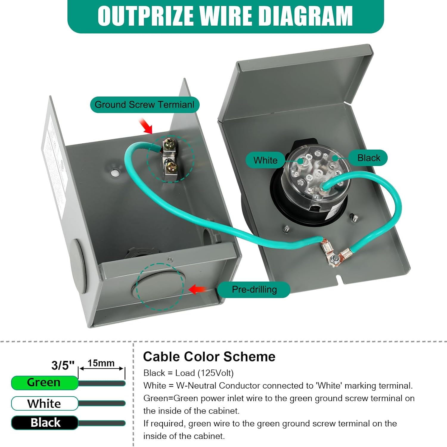 Pre-Drilled Generator Inlet Box, NEMA 3R 30 Amp Outdoor Waterproof Power Inlet Box, NEMA L5-30P 3 Prong, 125 Volt, 3750 Watts, ETL Listed
