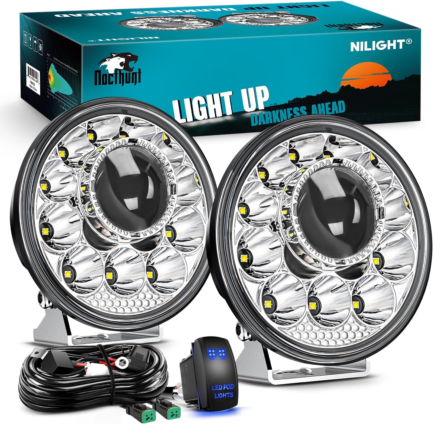 Nilight LED Light Pods 5.75 Inch 12LED Round Offroad Driving Lights 2 PCS night vision Super Bright Spotlights w/16AWG Rocker Switch Wiring Harness Kit for Truck ATV UTV