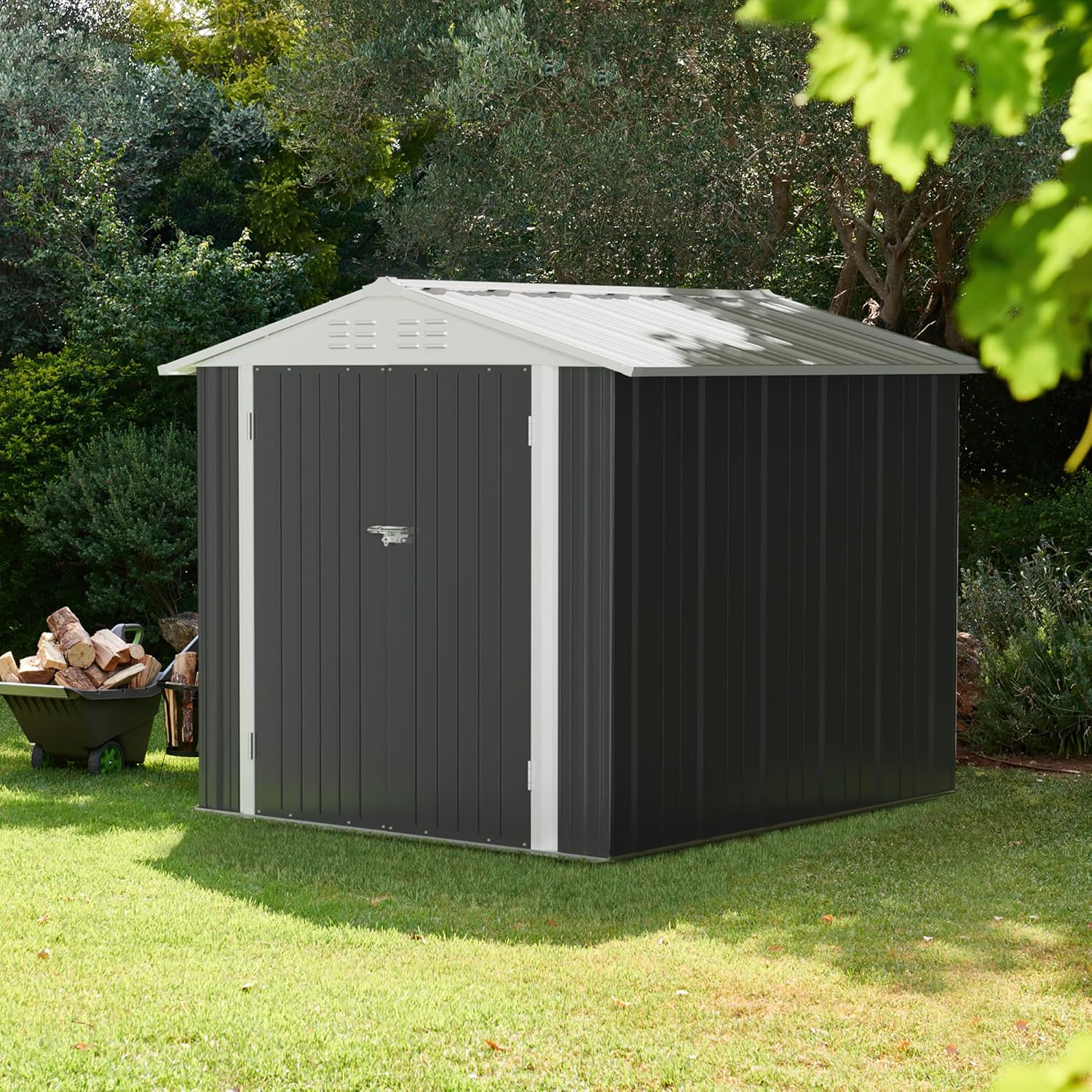 JUMMICO 8.1x6.1 FT Metal Outdoor Storage Shed,Waterproof Garden Tool Shed Storage House with Lockable Door for Backyard Patio Lawn, Grey